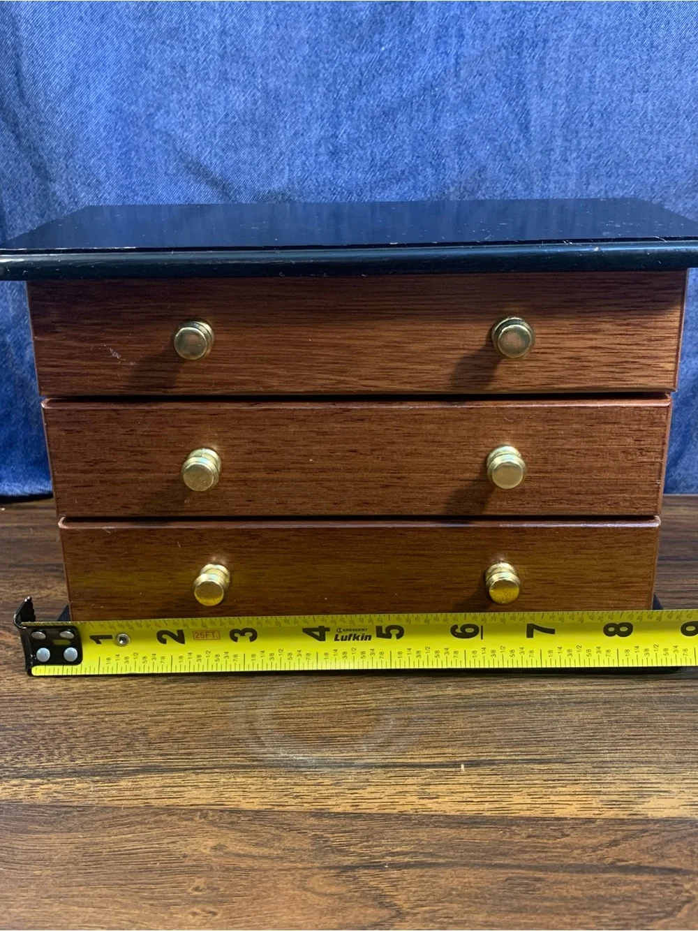 Brown/Black Wood Jewelry Box w/ Mirror, 2 Drawer ~ Pull Up Top Velvet Lined